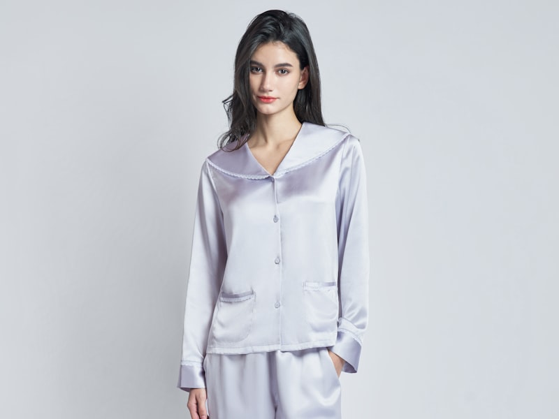 Model wearing light purple silk satin loungewear set